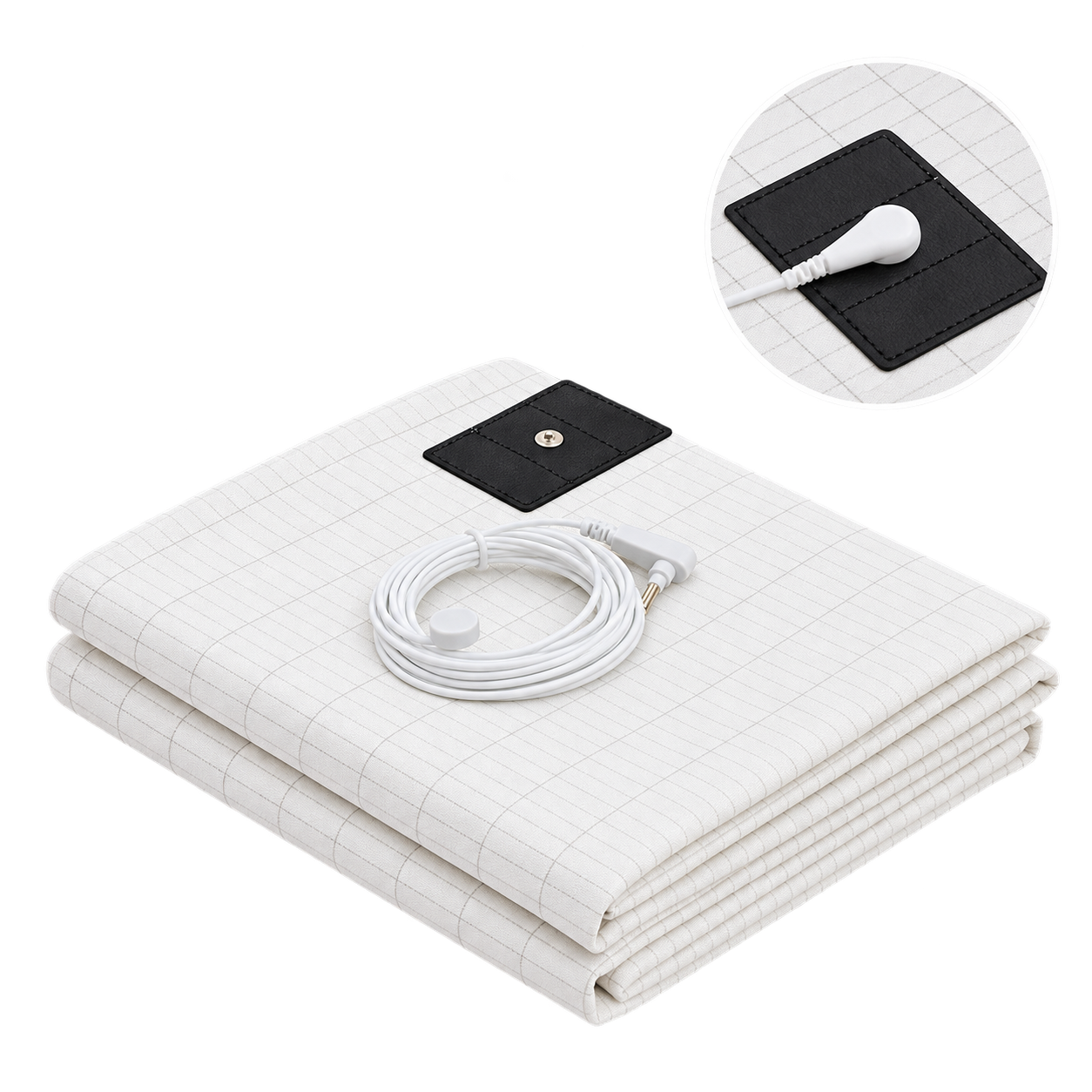 GroundStill Bed Sheet folded with its grounding cord